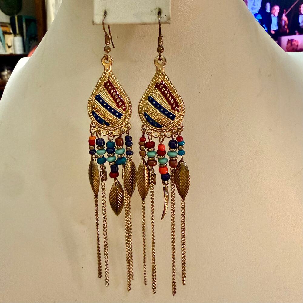 Boho Bohemian Style Beaded Gold Tone Dangly Earrings - Picture 5 of 7